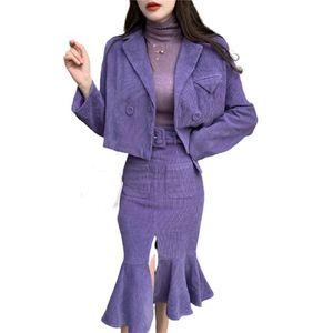 Women Loose Dress Set Split Fishtail Two-Piece Suit Ladies Corduroy Blazer & Ruffle Skirt 2pcs T3019 210514