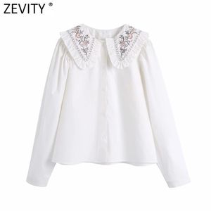 Mulheres Sweet Peter Pan Collar Bordado Branco Smock Blusa Escritório Ladies Ruffles Casual Camisa Chic Blusas Tops LS7413 210420