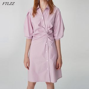 Spring Autumn Office Ladies Notched Collar Purple Dress Elegant Women Single Breasted High Waist Slim 210423