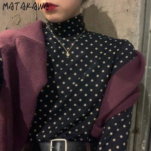 Matakawa Harajuku Polka-Dot Half-High Collar Tshirt Szczupła japońska koszulka z długim rękawem Jesienne topy dla kobiet 210513