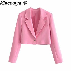 Mulheres vintage colarinho entalhado cor sólida curto blazer casaco feminino um botão outerwear chic colheita tops 210521