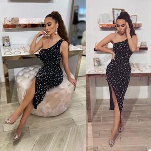 2021 Beaded Prom Dresses One Shoulder Crystal Mermaid Evening Gowns Formal Velvet Plus Size Party Dress