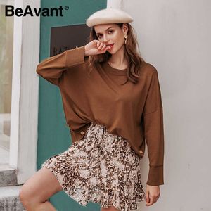Beavant вязаные пуговицы с длинным рукавом коричневый джемпер женщины осень зима сплошной пуловер свитер женский повседневный упругий свитер 210709