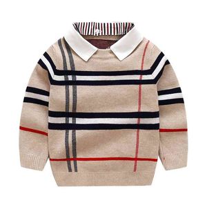 1-8T Toddler Kid Boy Clothes Autumn Winter Warm pullover Top Long Sleeve Plaid Sweater Girl Fashion Knitted Gentleman Knitwear 210902