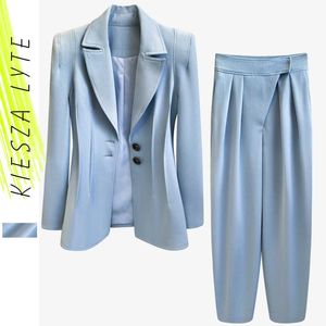 Женщины работают Blazer с наплечниками синие Blazers взлетно-посадочные полосы элегантные бизнес брюки устанавливают леди одиночные куртки 2 штуки 210608