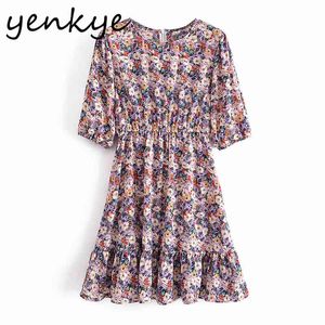 Multicolor Floral Print Dress Sweet Women O Neck Krótki Rękaw Elastyczny Talia Wakacje Dorywczo Kobiet Lato Mini Szata 210430