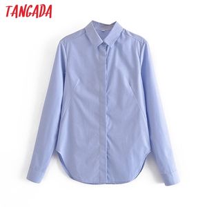 Women Basic Blue Shirts Long Sleeve Solid Turn Down Collar Elegant Office Ladies Work Wear Blouses 3A142 210416