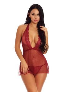 Halter Deep V Neck See Through Lace Lingerie Women Sexy Pajamas Sheer Mesh Nightdress 211208