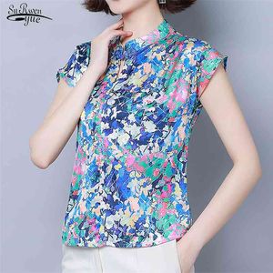 Vår sommar stil silke kortärmad blommig blus kvinnor blusas plus storlek tryckt pullover damtröja bantning 8681 210521