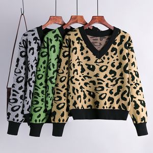 Retro Leopard Knitted Sweater Women Loose Fashion V Neck Long Sleeve Pullovers Autumn Winter Warm Elastic Casual Jumper 210419