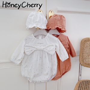 Spring Girls Bodysuits Långärmad Rund Neck Lace Bow Baby Girl Clothes 210515