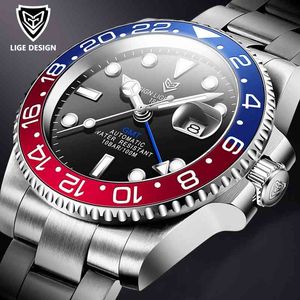 Lige Men Relógios Sapphire Vidro 40mm Cerâmica GMT Relógio Mecânico Automático Homens 100m Impermeável Moda Clássica Relógio de Luxo + Caixa 210407