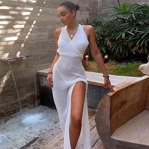 Vacation Knitted Beach Maxi Dress Women Summer 2021 Elegant Sexy Club Party Hollow Out Bodycon Dresses Backless Beachwear White X0521