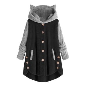Ladies Hoodies Sweatshirt Button Coat Patchworl Tops Hooded Pullover Loose Blouse Plus Size 210809