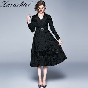 Autumn Winter Women's Jacquard Floral Black Trench Office Full Sleeve Notched Double-Breasted Long Coat Outerwear 210416