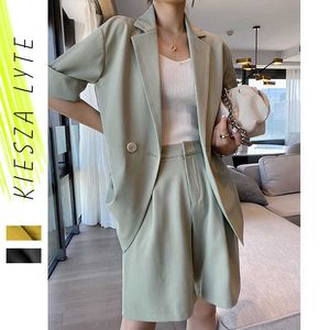 Two Piece Set Women Suit Green Short Sleeved Summer High Street Fashion Blazer 2 PCS Sets OL Female Outfits 210608