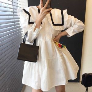 Gevşek Beyaz Puf Uzun Kollu Sailor Yaka Elbise Kadınlar Mini Rahat Kontrast Bebek Vestido Feminino Moda Büyük Salıncak Japonya Preppy 210610