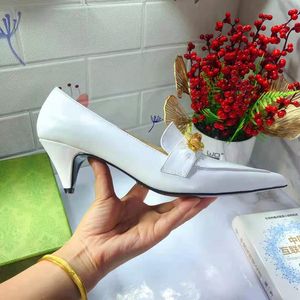 Luxury designer dress shoes show leather spring and autumn sexy bar banquet womens high heels metal pointed button middle heel boat shoe black red white apricot large