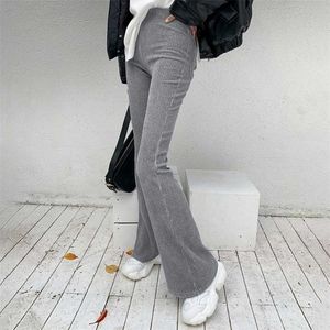 Rapwriter sólido feminino corduroy flare calças mulheres casual outono inverno harajuku longo estiramento de cintura alta calças de calça 211115