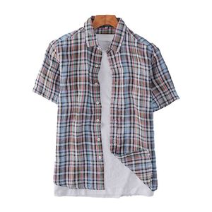 Plaid Shirts for Men Short Sleeve Linen Tops Summer Casual Turn-down Collar Japanese Fashion Vintage Designer Clothing 210601