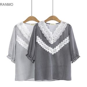 Damenblusen Hemden Fat MM Sommer Koreanisches großes Top Kleines frisches Spitzen-V-Ausschnitt-Streifen-Chiffon-Hemd