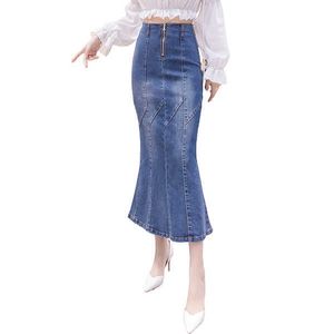 Verão Moda Retro Mulheres Stitching Denim Saia Slim Saco Hip Alto Cintura Fishtail 210531