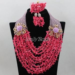 Wholesale pink coral jewelry sets resale online - Earrings Necklace Amazing Nigerian Fuchsia Pink Coral Beads Jewelry Set Bridal Necklaces Bracelet Christmas Gift AIJ398