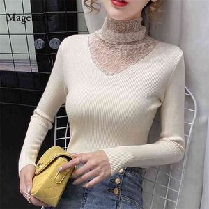 Camisola de gola branca de lenço de renda casual camisola de turtleneck branco Mulheres inverno fino malha manga longa pulôver s 11588 210512