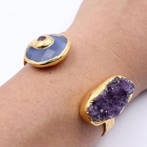 Bangle GuaiGuai Jewelry Natural Purple Amethyst Quartz Blue Agates Coin Tourmalines Chips Gold Color Plated Bracelet Handmade For Women