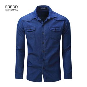 Chegada dos homens denim camisa casual camisas vestido casual masculino luva longa jeans listrado e mens t camisas chenked moda 210518