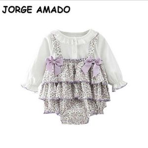 Wholesale Spring Baby Girlボディスーツホワイトロングスリーブロンパーフローラルスカート偽2プリーツキッズ服E9118 210610