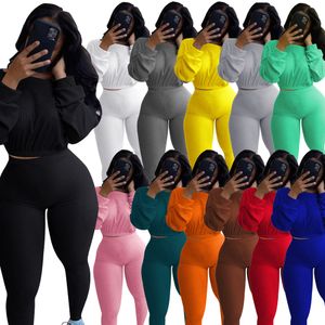 autumn thread elastic two-piece navel exposed Tracksuits female Pure color sports suit