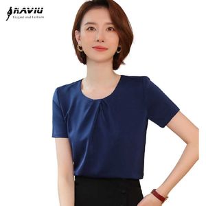 Granatowa Blue Shirt Kobiety Krótki Rękaw Lato Temperament Moda Design O Neck Szyfonowe Bluzki Panie Biurowe Pracy Topy 210604