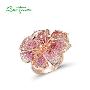 Santuzza 925 Anéis de prata esterlina para mulheres laboratório lindo Criado Ruby / rosa Sapphire Gradient Flor Flor Flor Bague Fine Jóias 211217