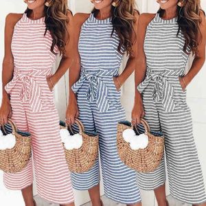 Eleganta Sexiga Jumpsuits Kvinnor Ärmlös Striped Jumpsuit Loose Byxor Wide Leg Pants Rompers Holiday Belted Leotard Overaller 210419