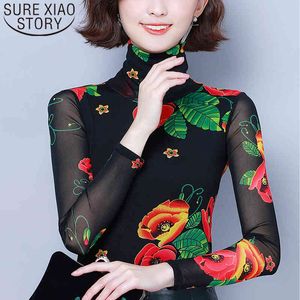 Casual Fashion Tops Elegant Slim Blouses Long Sleeve Turtleneck Printed Women Clothing Autumn Pullover 6115 50 210415