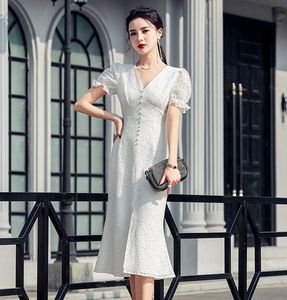 Mulheres Mulheres Branco Lace Vintage Elegante Único-Breasted v Neck Slow Sleeve Sleeeid Party Dinner Dresses Vestidos 210514