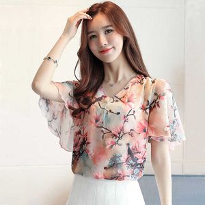 Women Chiffon Blouses Shirts Lady Summer Style Short Flare Sleeve Flower Printed V-Neck Blusas Tops DF2893 210609