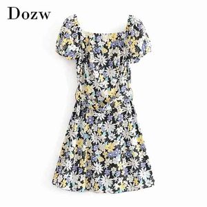 Boho Style Floral Printed Dress Lantern Short Sleeve A Line es For Women Bandage Backless Beach Summer 210515