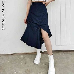 Irregular Drawstring Skirt For Women In Spring High Waist Fashion Solid Color Knee-length Female 5B452 210427