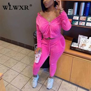 Wlwxr cortada zip up hoodie corredores mulheres ste velor tracksuit 2 dois pedaço conjunto inverno outfits outfits sweatsuits mulheres combinando conjunto y0625