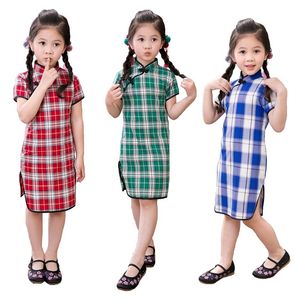 Pamuk Bebek Kız Elbise Ekose Çin Geleneksel Kız Giysileri Qipao Elbiseler Yaz Çocuk Cheongsam Chi-Pao Vestidos 210413