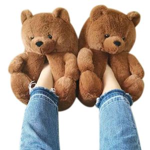 Inverno Casa Quente Kawaii Sapatos Mulheres Teddy Bear Chinelos Anti-Slip Soft Home Indoor Fur Slipper Senhoras Bonito Desenhos Animados Funny Shoes Y0406