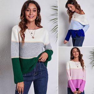 European American new Women's Knits & Tees Slash Neck big Striped matching long sleeve knitted sweater loose autumn winter clothing