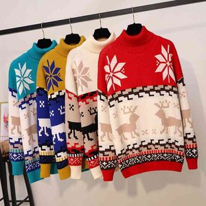 Winter Ugly Christmas Sweaters High Neck Mohair Sweater Female Snowflake Elk Oversized Knit Jumper Pullover Tops Women 210520