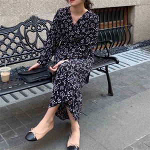 Chic Printed V-Neck Korean All Match Slim Ol Floral Gentle A-Line Fashion Office Lady Lång Klänningar Vestidos 210525