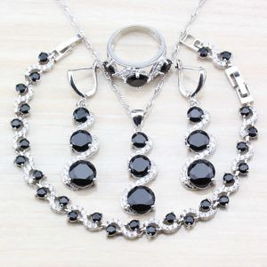Silver-färg kvinnor mode party kostym naturliga svarta stenar cz lång dangle örhängen / halsband / armband / ring smycken sätter H1022