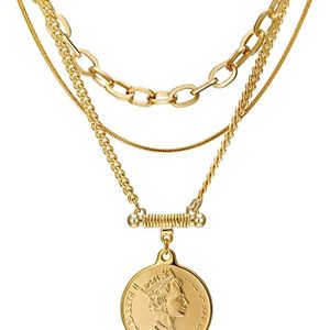 Layered Necklace for Women 18K Gold Plated, Multilayer Coin Medallion Pendant Necklac Layering Chain Set For Women