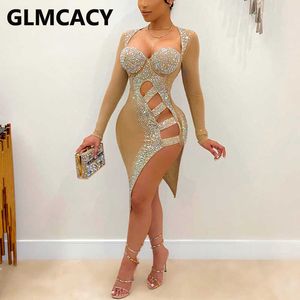 Manga Longa Diamante embelezado Bodycon Dress Evening Party Slit Mini Vestido 210702