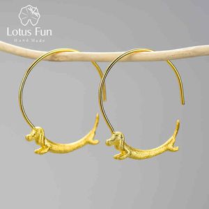 Lotus Fun Lovely Flying Dachshund Dog Big Round Hoop Earrings Real 925 Sterling Silver 18K Gold Earrings for Women Jewelry 210507